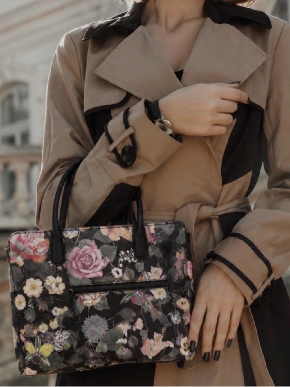 Christian Lacroix Black Floral Print Tote with Multicolor Blooms